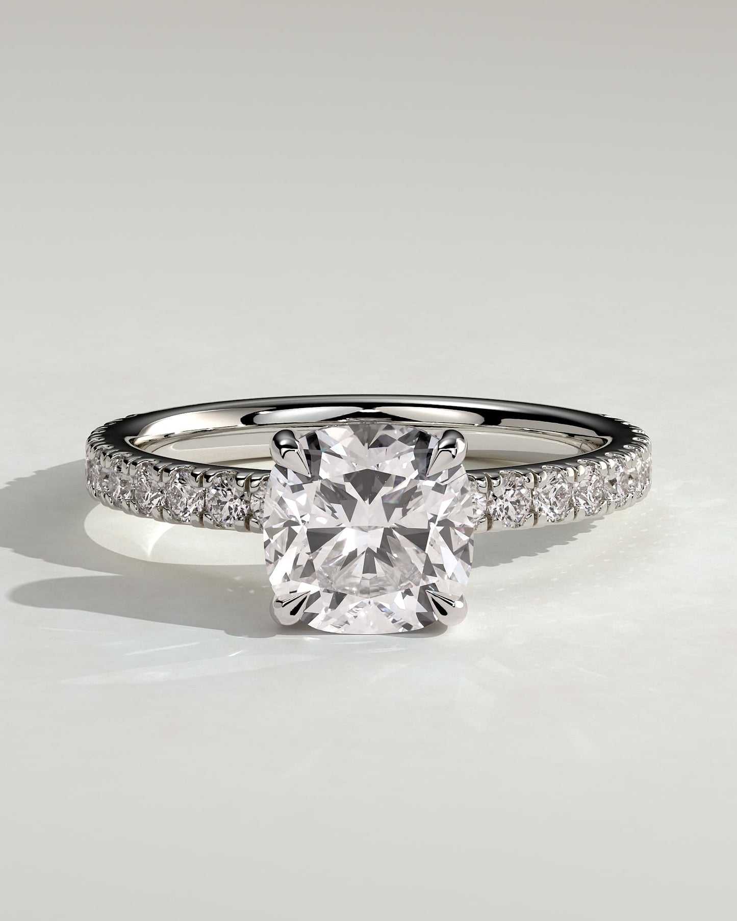 Claudia - Cushion Claw Solitaire with Hidden Halo and Pave Band Engagement Ring - White Gold