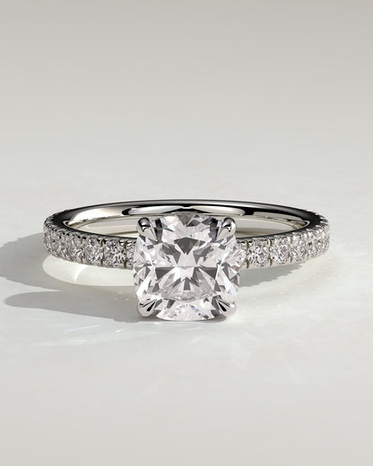 Claudia - Cushion Claw Solitaire with Hidden Halo and Pave Band Engagement Ring - White Gold