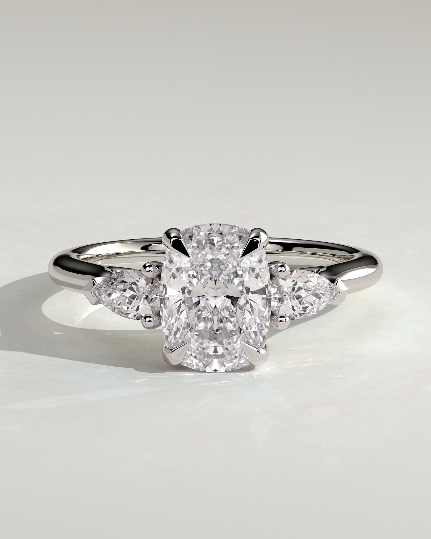 Cataleya - Elongated Cushion Claw Trilogy with Pear Side Stones and Cathedral Setting Engagement Ring - Platinum - White Gold / Platinum 2ct
