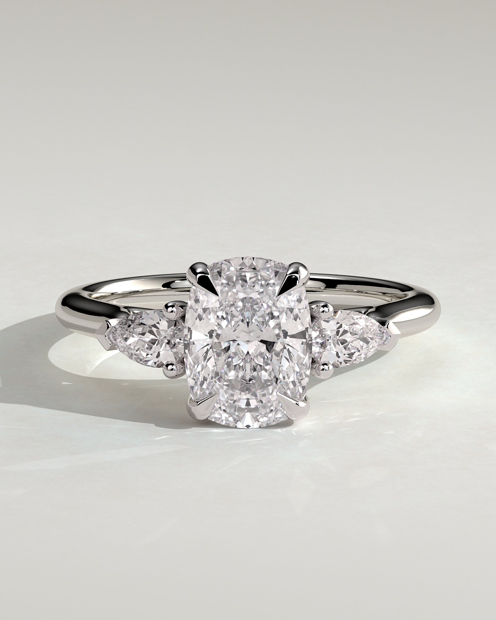 Cataleya - Elongated Cushion Claw Trilogy with Pear Side Stones and Cathedral Setting Engagement Ring - Platinum - White Gold / Platinum 2ct