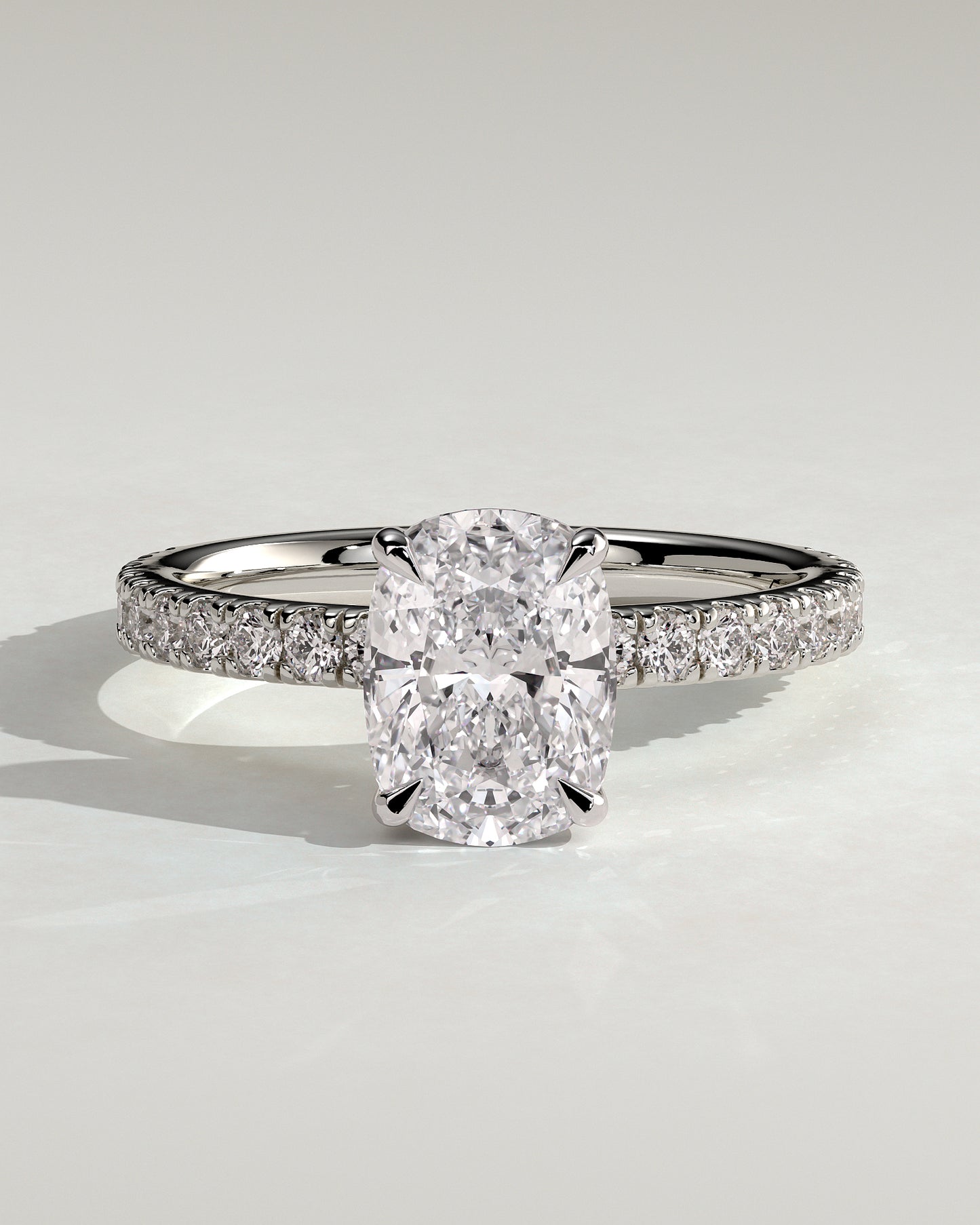 Camilla - Elongated Cushion Claw Solitaire with Hidden Halo and Pave Band Engagement Ring - Platinum - White Gold / Platinum 2ct