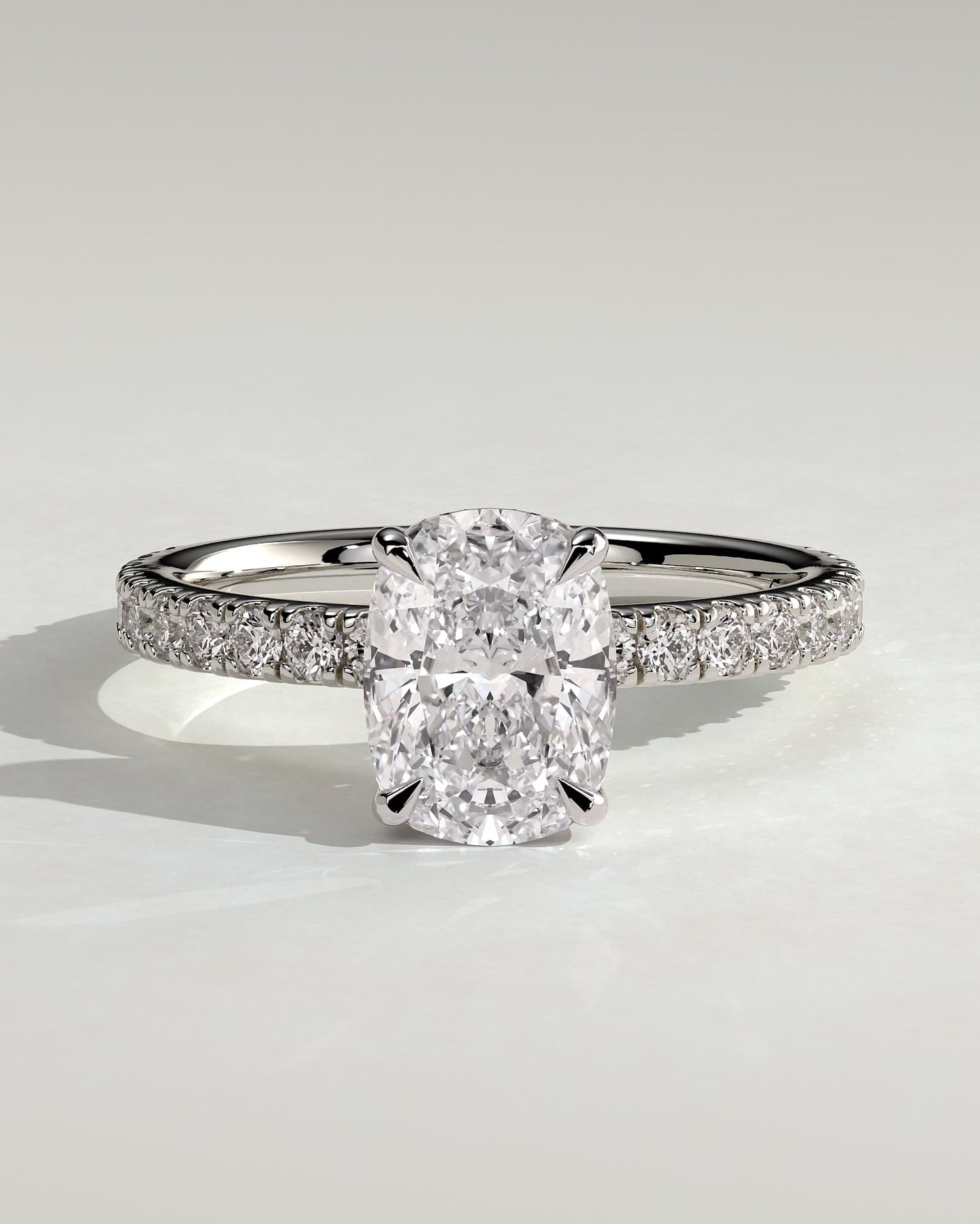 Camilla - Elongated Cushion Claw Solitaire with Hidden Halo and Pave Band Engagement Ring - White Gold