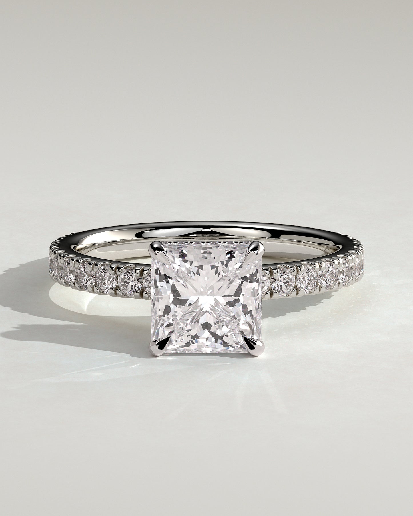 Brooklyn - Princess Claw Solitaire with Wrap Around Hidden Halo and Pave Band Engagement Ring - Platinum - White Gold / Platinum 2ct