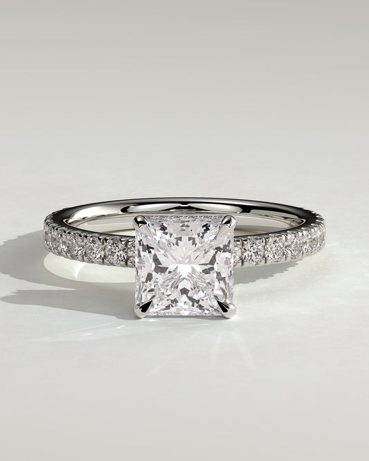 Brooklyn - Princess Claw Solitaire with Wrap Around Hidden Halo and Pave Band Engagement Ring - White Gold
