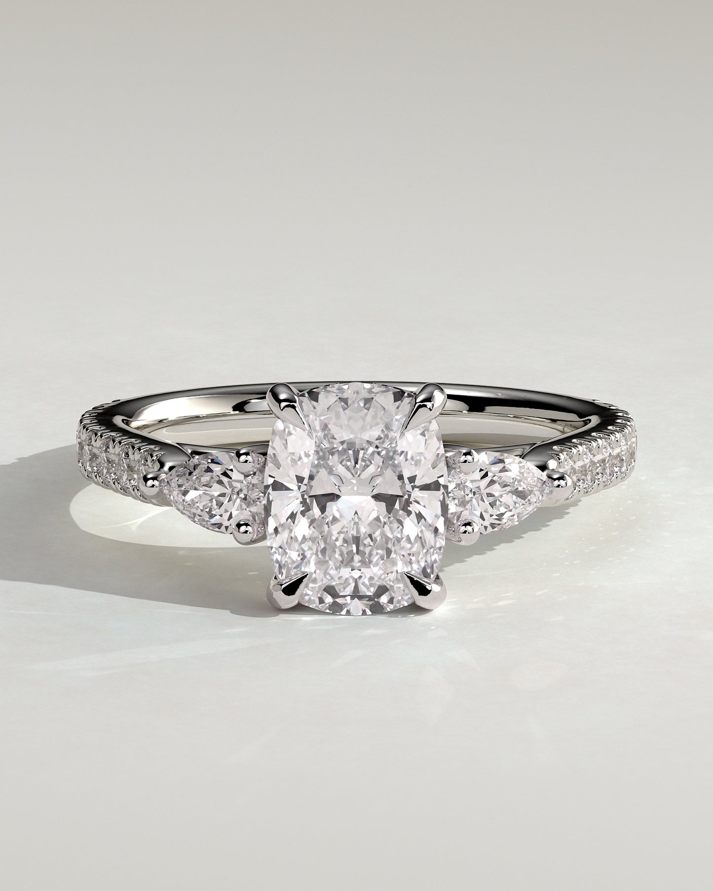Bree - Elongated Cushion Claw Trilogy with Pear Side Stones and Pave Band Engagement Ring - Platinum - White Gold / Platinum 2ct