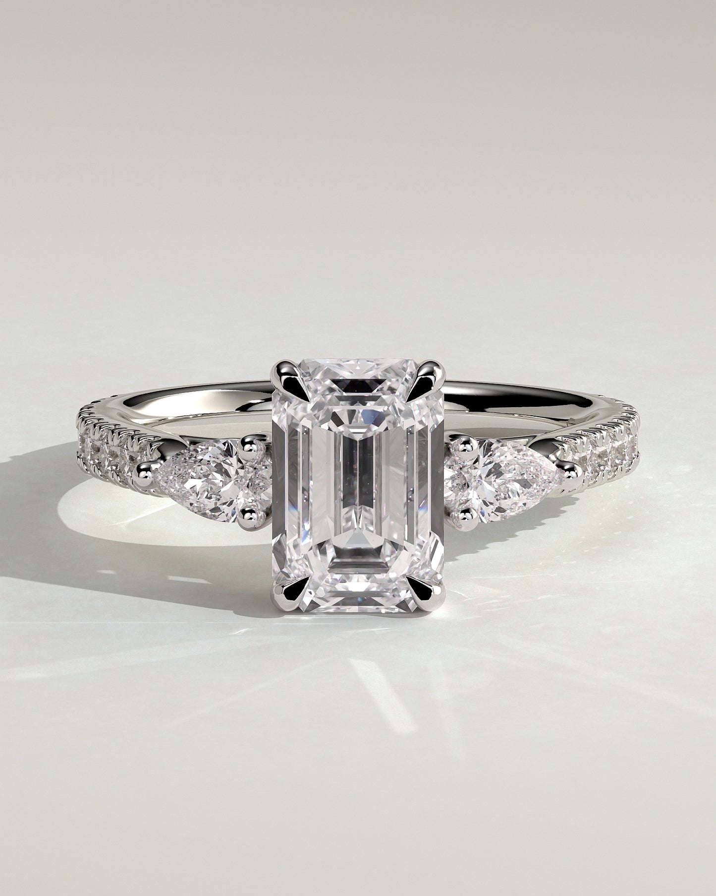 Autumn - Emerald Claw Trilogy with Pear Side Stones and Pave Band Engagement Ring - Platinum - White Gold / Platinum 2ct