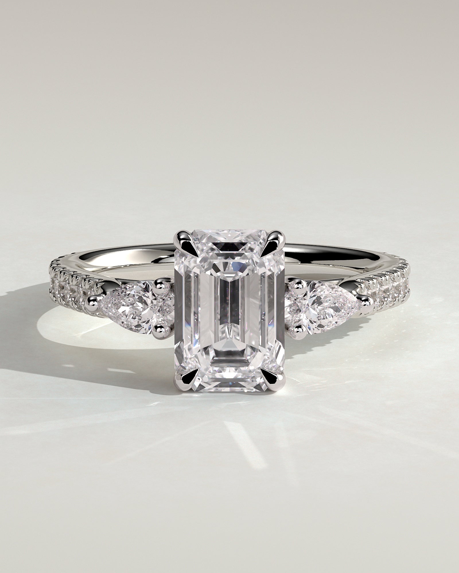 Autumn - Emerald Claw Trilogy with Pear Side Stones and Pave Band Engagement Ring - Platinum - White Gold / Platinum 2ct
