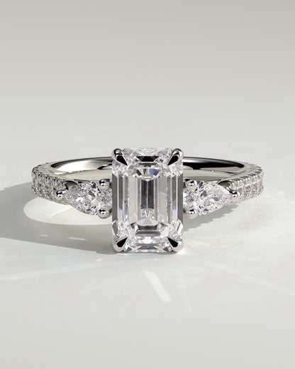 Autumn - Emerald Claw Trilogy with Pear Side Stones and Pave Band Engagement Ring - White Gold