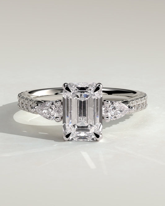 Autumn - Emerald Claw Trilogy with Pear Side Stones and Pave Band Engagement Ring - White Gold