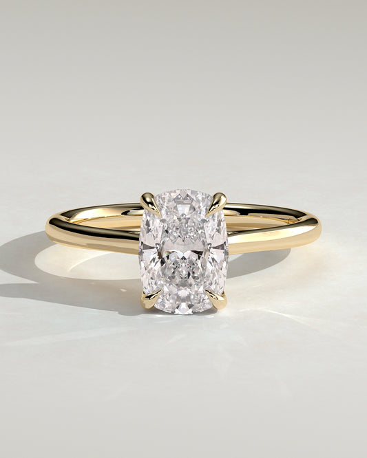 Wendy - Elongated Cushion Claw Solitaire with Hidden Halo, Tapered Band and Cathedral High Setting Engagement Ring - Yellow Gold - Yellow Gold 2ct