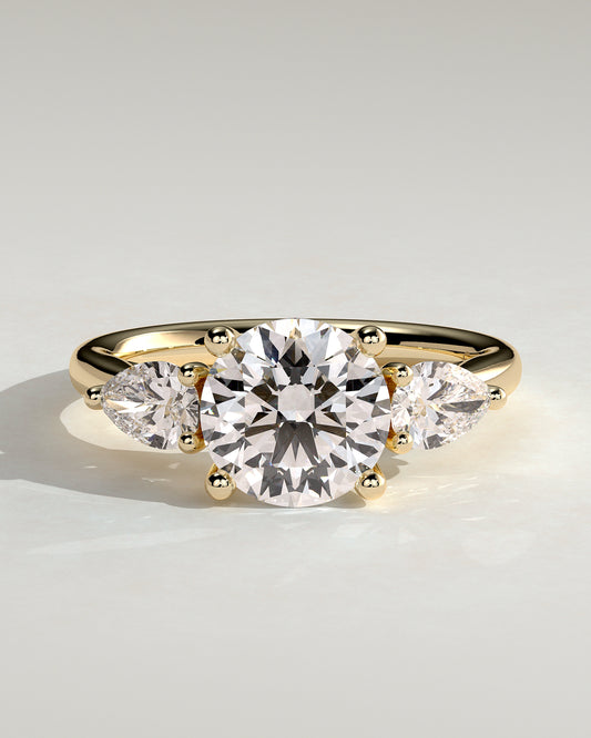 Adelyn - Round Claw Trilogy with Pear Side Stones and Open Trellis Gallery Engagement Ring - Yellow Gold - Yellow Gold 2ct