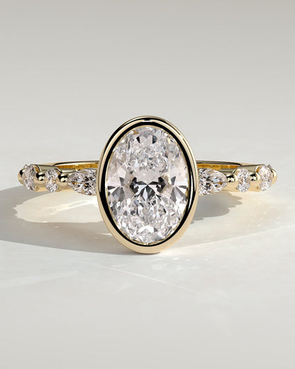 Aylin - Oval Bezel Solitaire with Marquise-Round Accent Stones Engagement Ring - Yellow Gold