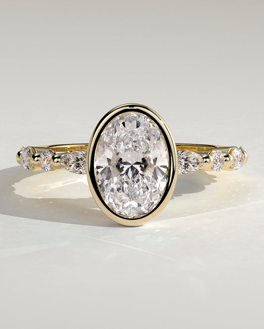 Aylin - Oval Bezel Solitaire with Marquise-Round Accent Stones Engagement Ring - Yellow Gold - Yellow Gold 2ct