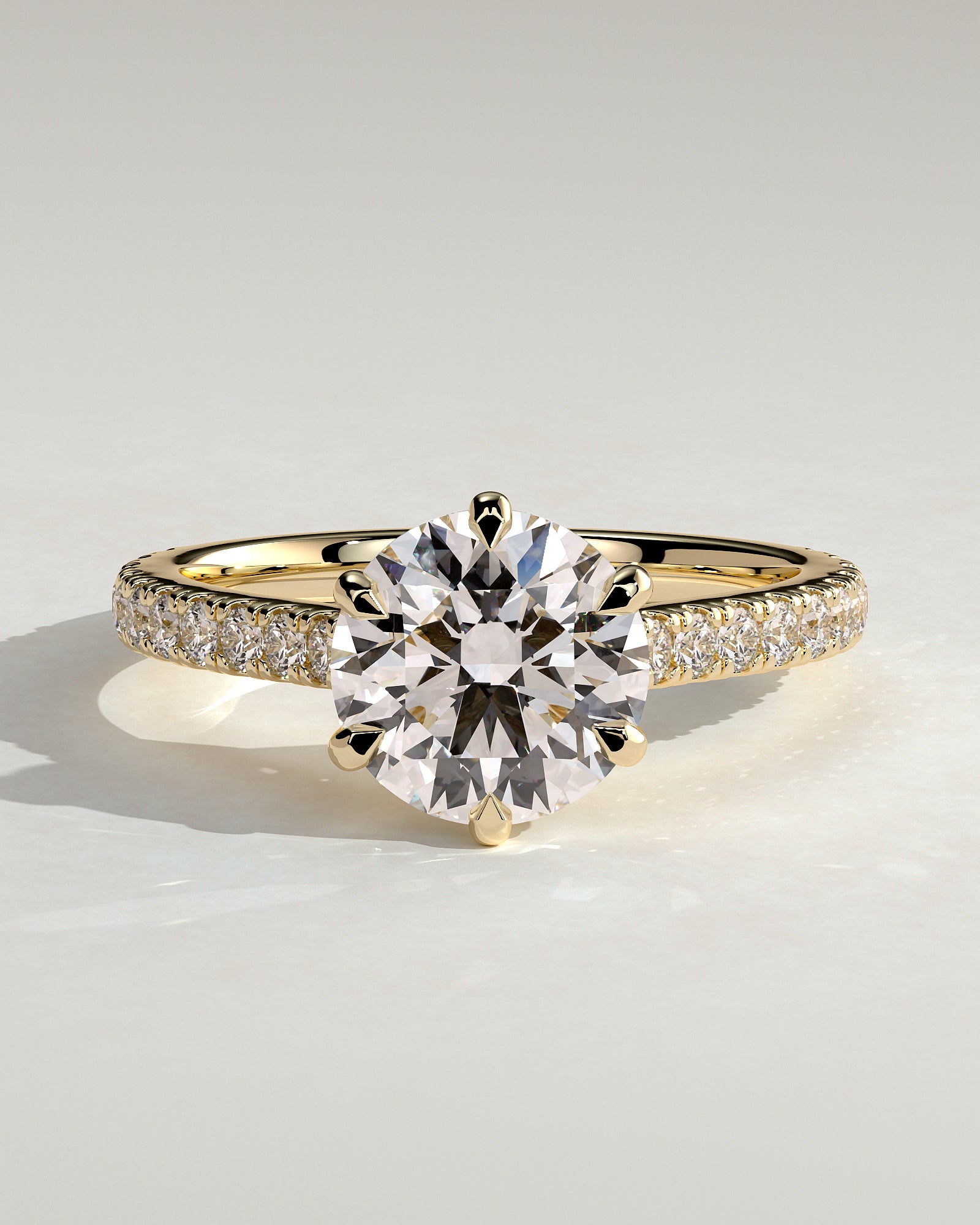 Briar - Round Claw Solitaire with Trellis Gallery, Pave Band and Cathedral Low Setting Engagement Ring - Yellow Gold - Yellow Gold 2ct