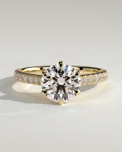 Briar - Round Claw Solitaire with Trellis Gallery, Pave Band and Cathedral Low Setting Engagement Ring - Yellow Gold