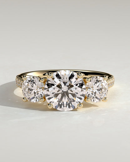 Ella - Round Claw Trilogy with Round Side Stones, Pave Band and Trellis Gallery  Engagement Ring - Yellow Gold