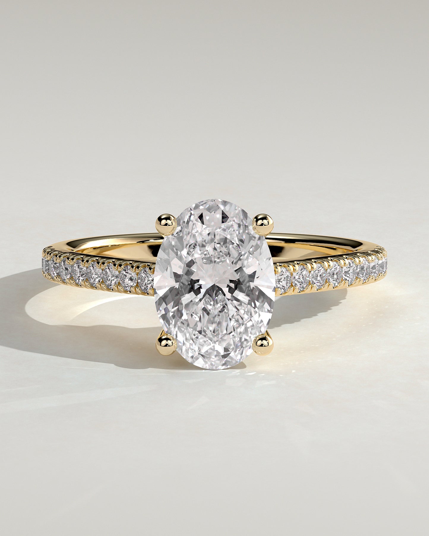 Eloise - Oval Claw Solitaire with Pave Band and Solid Cathedral Low Setting Engagement Ring - Yellow Gold - Yellow Gold 2ct