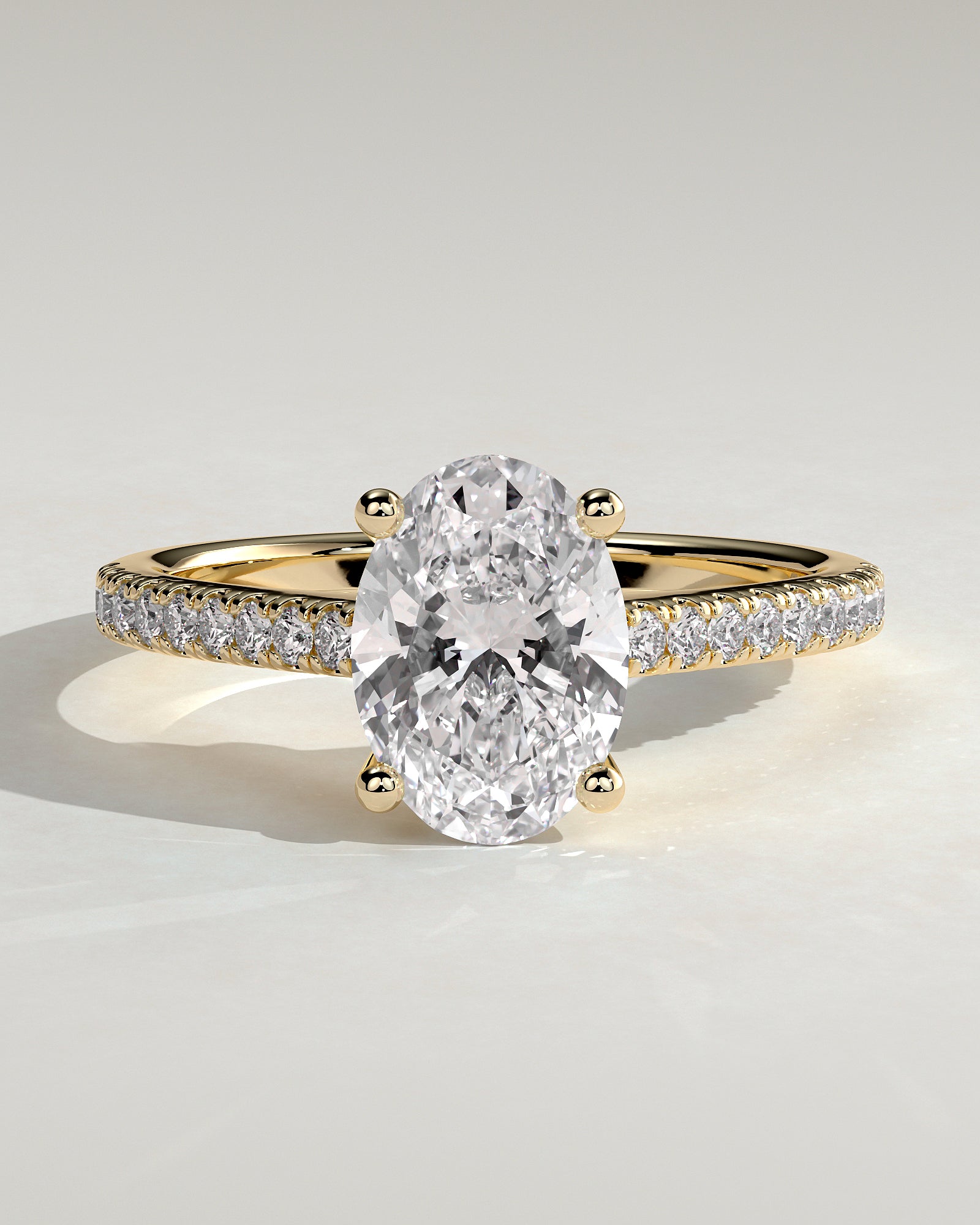 Eloise - Oval Claw Solitaire with Pave Band and Solid Cathedral Low Setting Engagement Ring - Yellow Gold - Yellow Gold 2ct