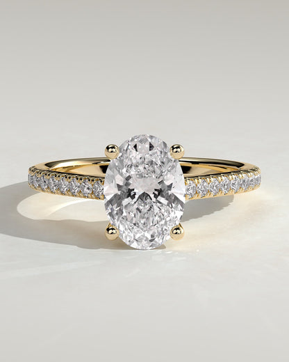 Eloise - Oval Claw Solitaire with Pave Band and Solid Cathedral Low Setting Engagement Ring - Yellow Gold