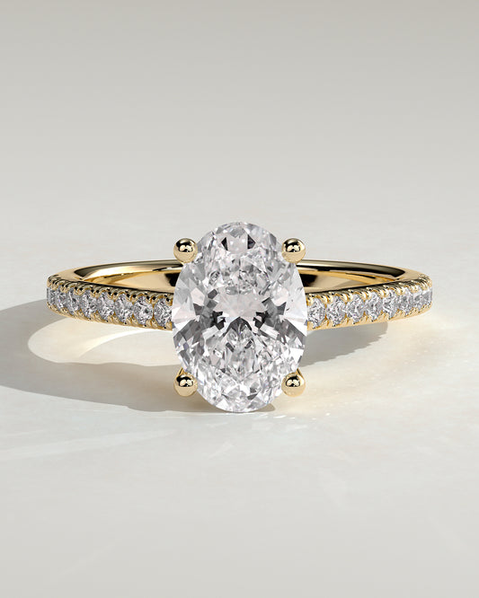 Eloise - Oval Claw Solitaire with Pave Band and Solid Cathedral Low Setting Engagement Ring - Yellow Gold - Yellow Gold 2ct
