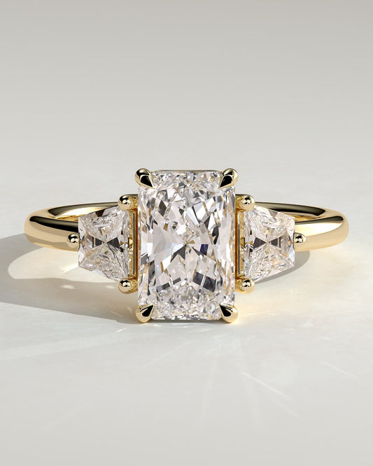 Juliette - Radiant Claw Trilogy with Trapezoid Side Stones and Low Setting Engagement Ring - Yellow Gold