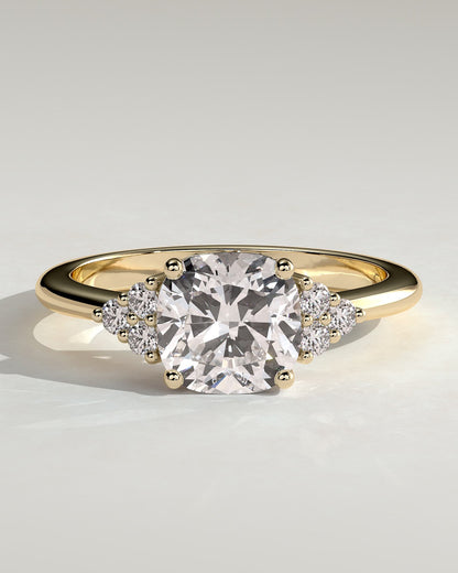 Lena - Cushion Claw Solitaire with Round Shoulder Stones Engagement Ring - Yellow Gold