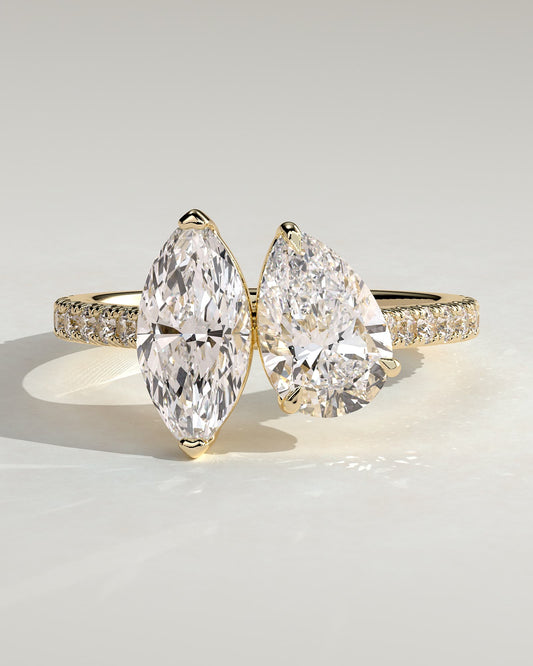 Noa - Marquise and Pear Claw Toi et Moi with Pave Band and Cathedral High Setting Engagement Ring - Yellow Gold