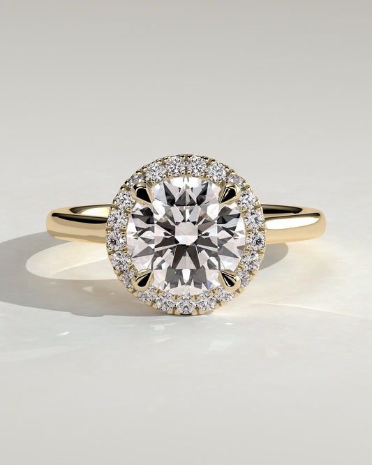 Nola - Round Claw Solitaire with Halo and Cathedral High Setting Engagement Ring - Yellow Gold