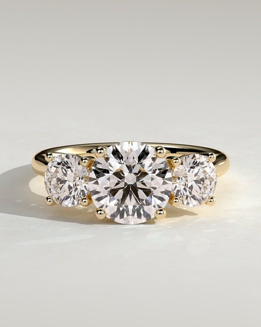 Octavia - Round Claw Trilogy with Round Side Stones and Trellis Gallery Engagement Ring - Yellow Gold