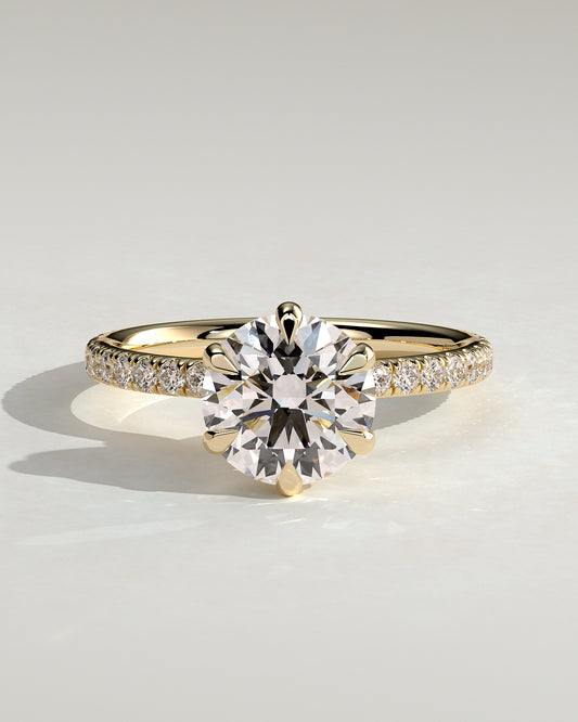 Holly - Round Claw Solitaire with Pave Band and Pave Collar Engagement Ring - Yellow Gold - Yellow Gold 2ct