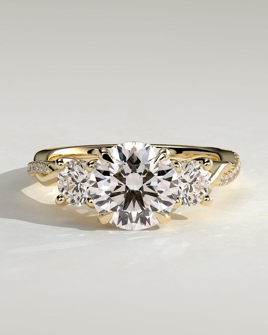 Jaylene - Round Claw Trilogy with Round Side Stones, Twisted Pave Band and Trellis Gallery Engagement Ring - Yellow Gold