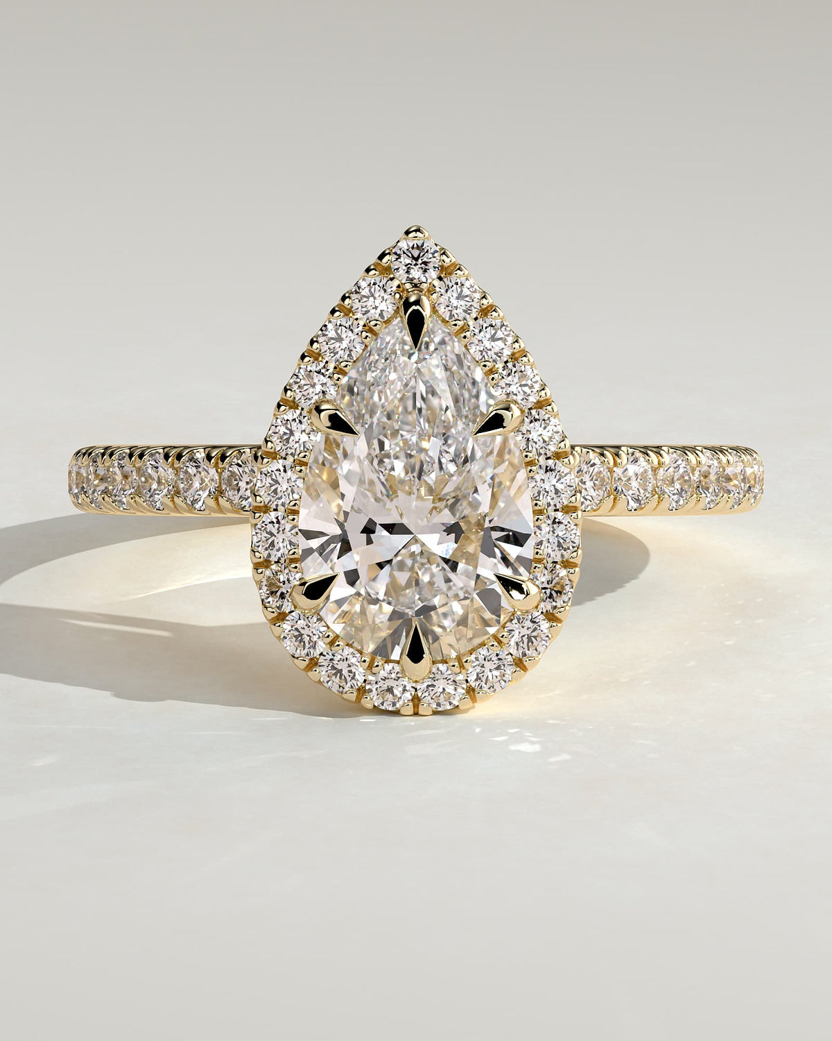 Kirsten - Pear Claw Solitaire with Pave Band and Halo and Low Setting Engagement Ring - Yellow Gold