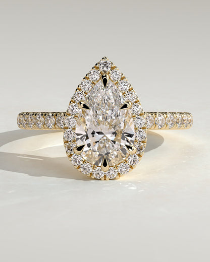 Kirsten - Pear Claw Solitaire with Pave Band and Halo and Low Setting Engagement Ring - Yellow Gold