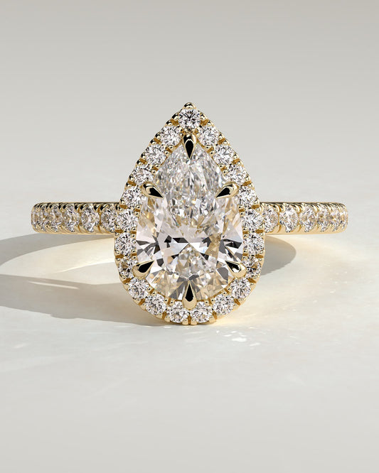Kirsten - Pear Claw Solitaire with Pave Band and Halo and Low Setting Engagement Ring - Yellow Gold