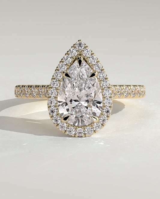 Madeline - Pear Claw Solitaire with Halo and Pave Band and Cathedral High Setting Engagement Ring - Yellow Gold