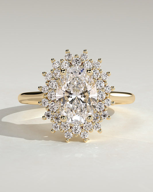 Savannah - Oval Claw Solitaire with Double Sunburst Halo and Cathedral High Setting Engagement Ring - Yellow Gold