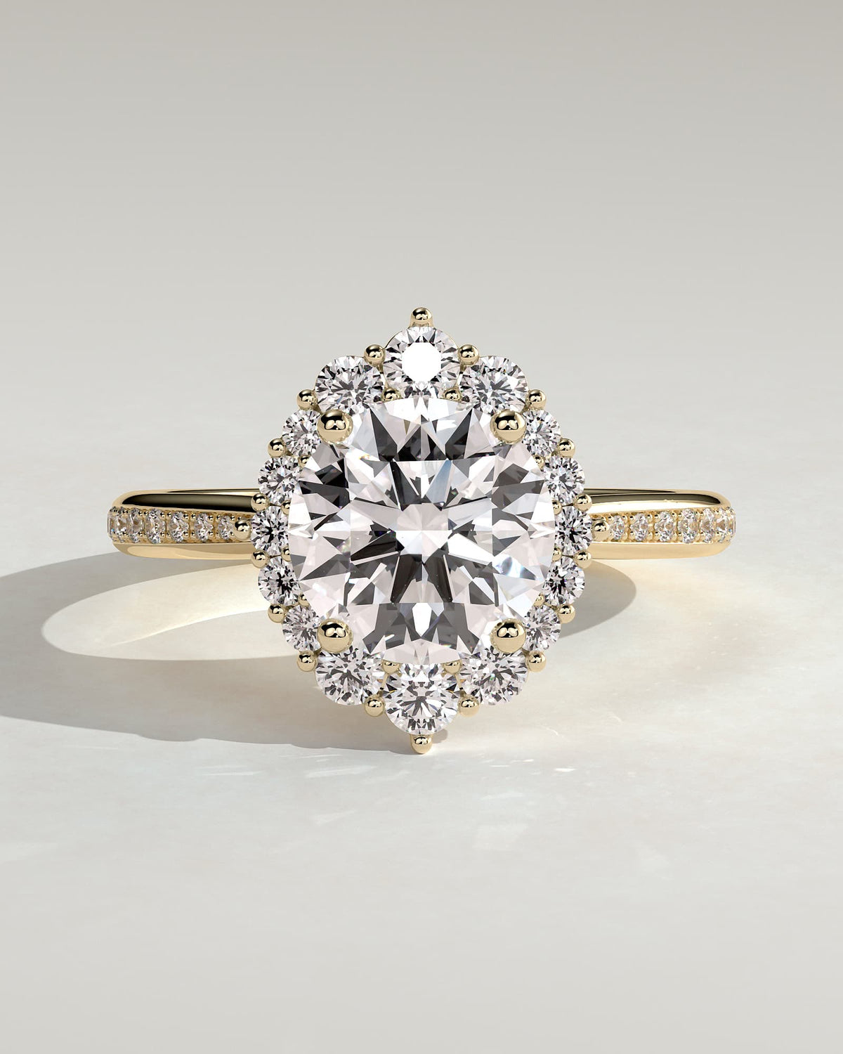 Jessica - Round Claw Solitaire with Graduating Halo and Bead Set Micropave and Tapered Band Engagement Ring - Yellow Gold