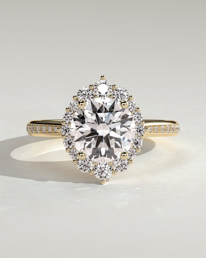Jessica - Round Claw Solitaire with Graduating Halo and Bead Set Micropave and Tapered Band Engagement Ring - Yellow Gold