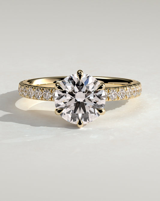 Siobhan - Round Claw Solitaire with Hidden Halo, Pave Collar and Pave Band Engagement Ring - Yellow Gold - Yellow Gold 2ct