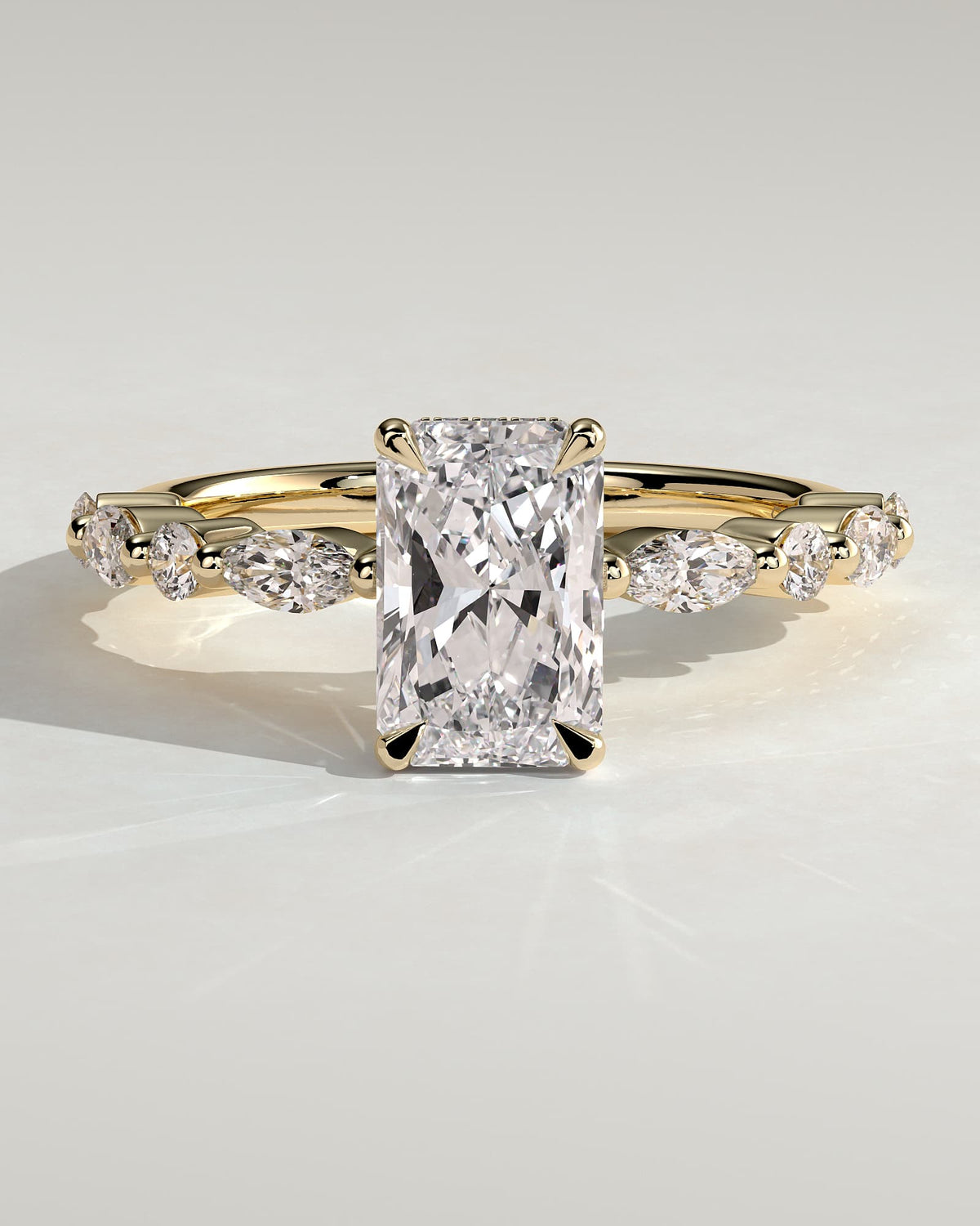 Kyla - Radiant Claw Solitaire with Marquise-Round Accent Stones and Wrap Around Hidden Halo Engagement Ring - Yellow Gold