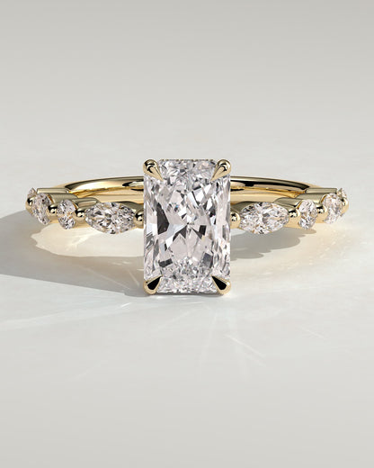Kyla - Radiant Claw Solitaire with Marquise-Round Accent Stones and Wrap Around Hidden Halo Engagement Ring - Yellow Gold
