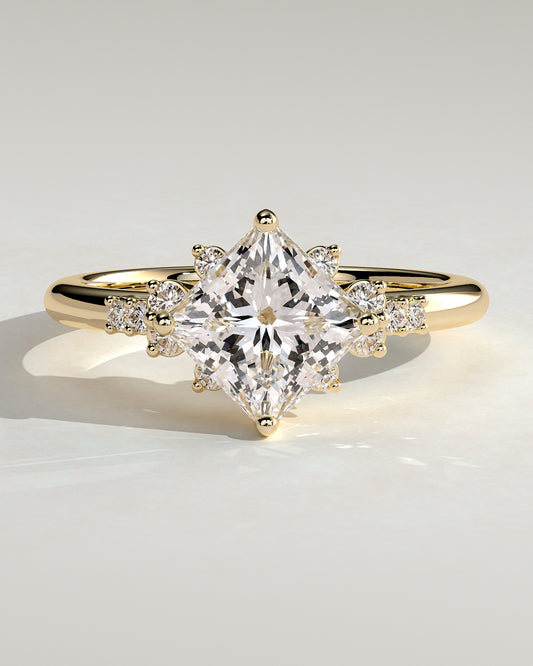 Sophia - Princess Claw Solitaire with Angled Setting and Clustered Round Shoulder Stones Engagement Ring - Yellow Gold - Yellow Gold 2ct