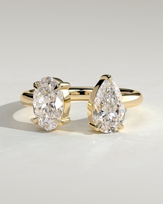 Nadia - Oval and Pear Claw Toi et Moi with Open Band Engagement Ring - Yellow Gold