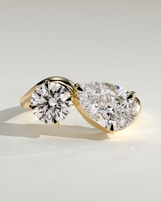 Noor - Round and Pear Claw Toi et Moi with Wave Band Engagement Ring - Yellow Gold