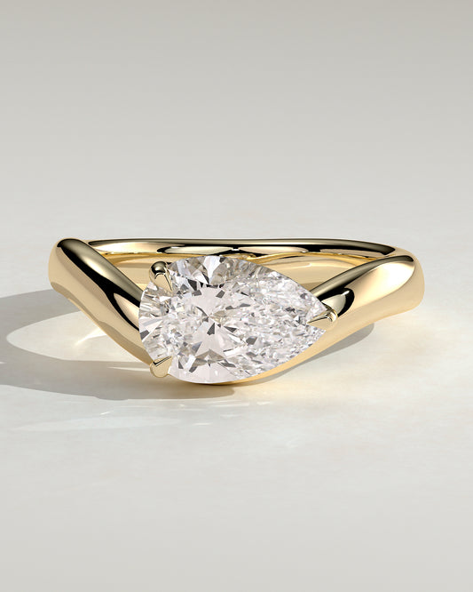 Shai - Pear East West Claw Solitaire with Wave Band Engagement Ring - Yellow Gold - Yellow Gold 2ct