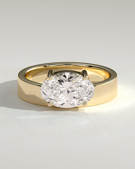 Soraya - Oval Offset East West Claw Solitaire with Flat Cigar Band  Engagement Ring - Yellow Gold - Yellow Gold 2ct