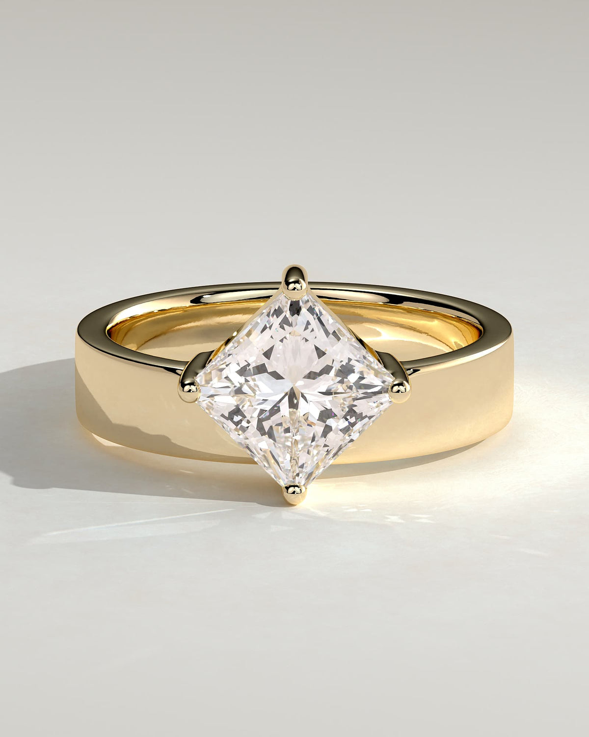 Vicki - Asscher Claw Solitaire with Offset Setting and Flat Cigar Band Engagement Ring - Yellow Gold