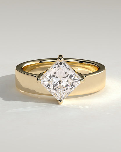 Vicki - Asscher Claw Solitaire with Offset Setting and Flat Cigar Band Engagement Ring - Yellow Gold
