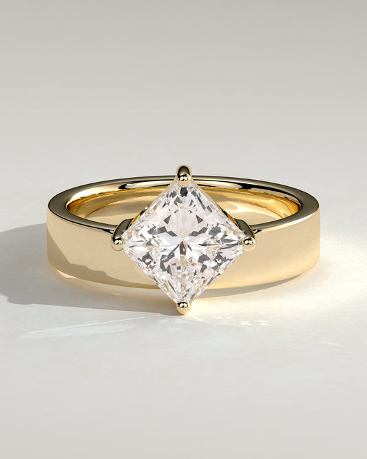 Vicki - Asscher Claw Solitaire with Offset Setting and Flat Cigar Band Engagement Ring - Yellow Gold - Yellow Gold 2ct