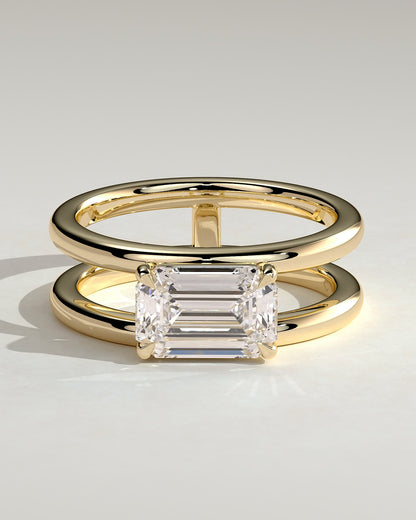 Devon - Emerald East West Claw Solitaire with Spaced Double Band Engagement Ring - Yellow Gold